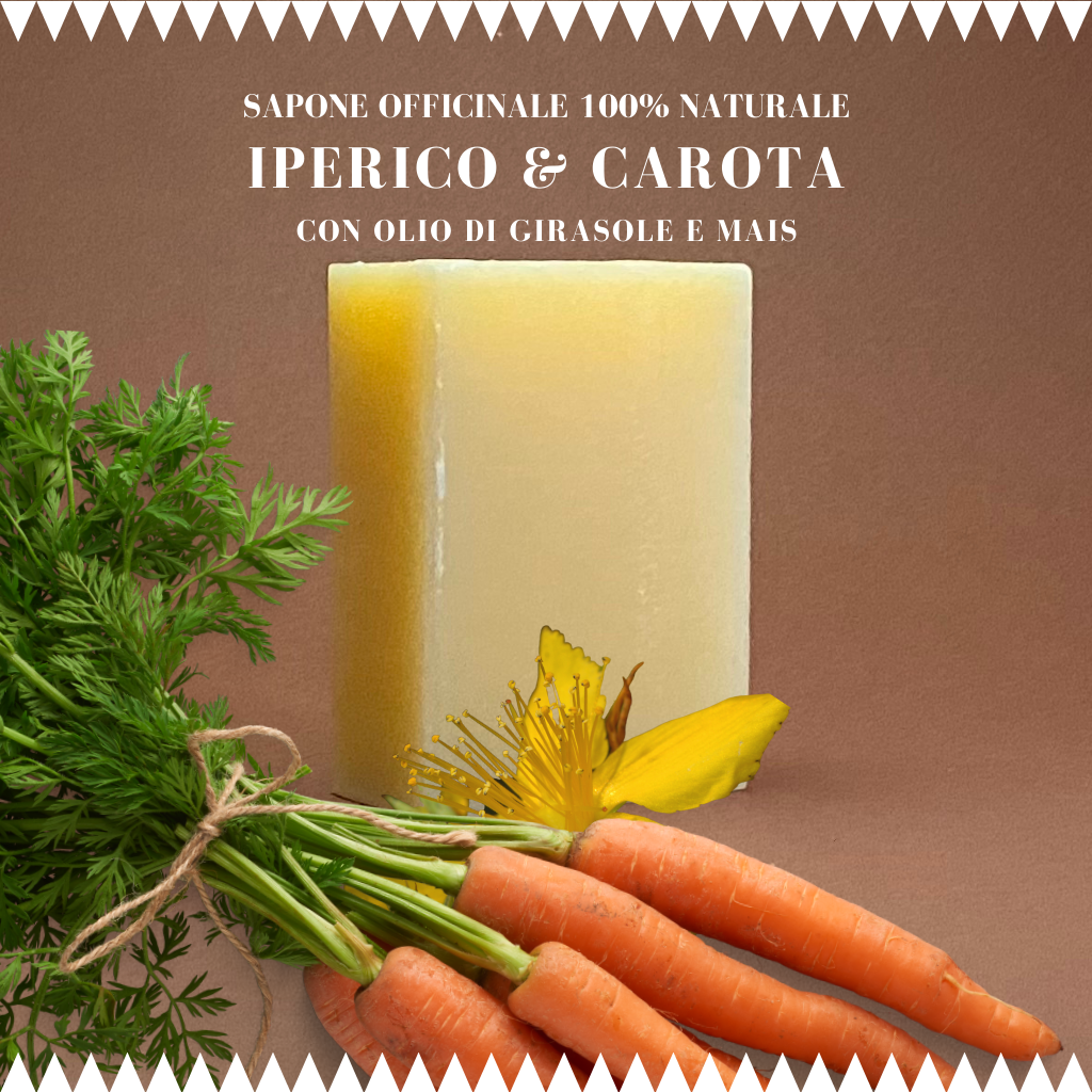 SAPONE NATURALE CON OLIO DI MAIS, GIRASOLE E ESTRATTI DI CAROTA E IPERICO | 100 GR